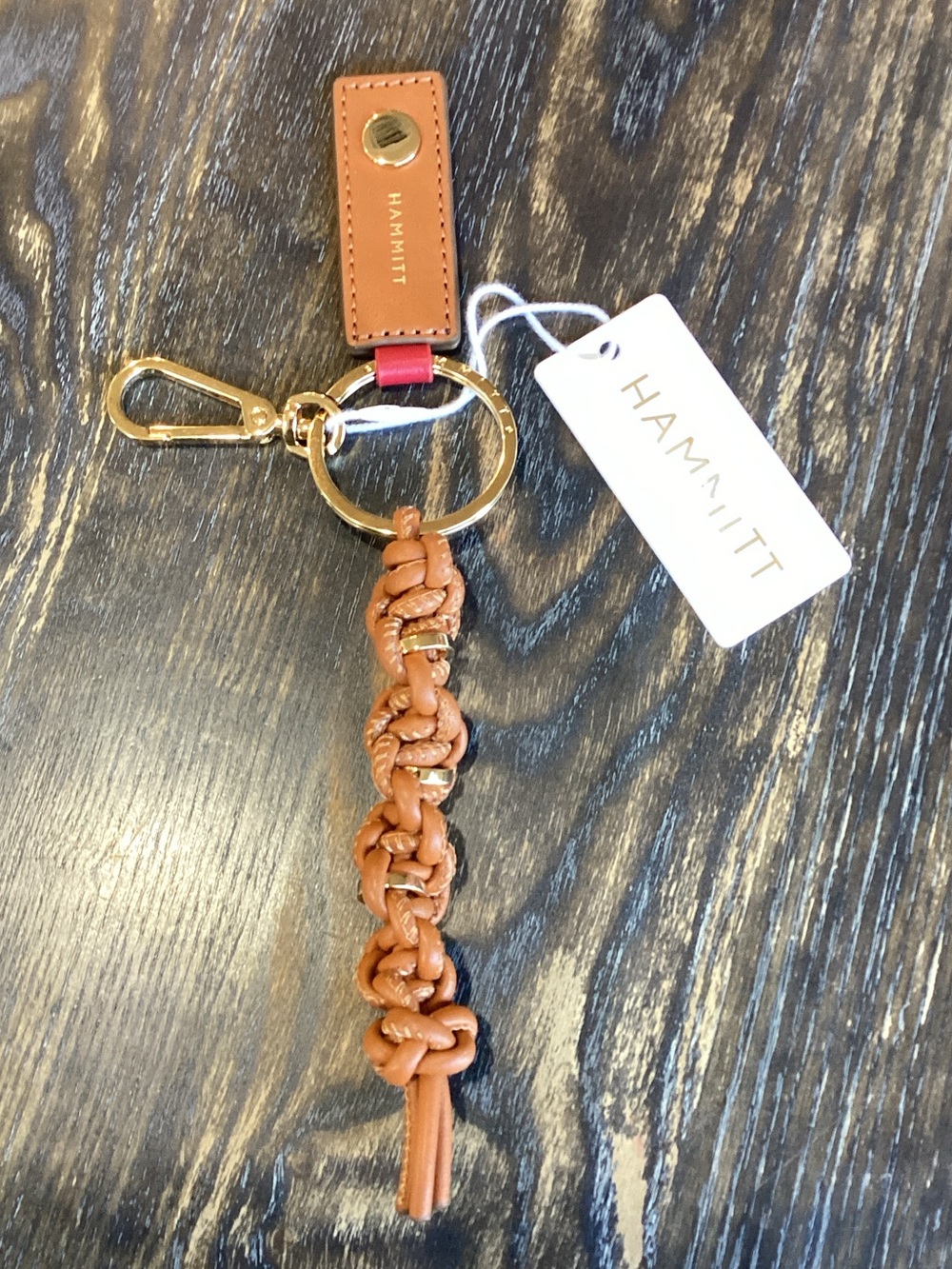 Hammitt Tan Braided Leather Keyring Bag Charm with Gold Hardware and Red Accent